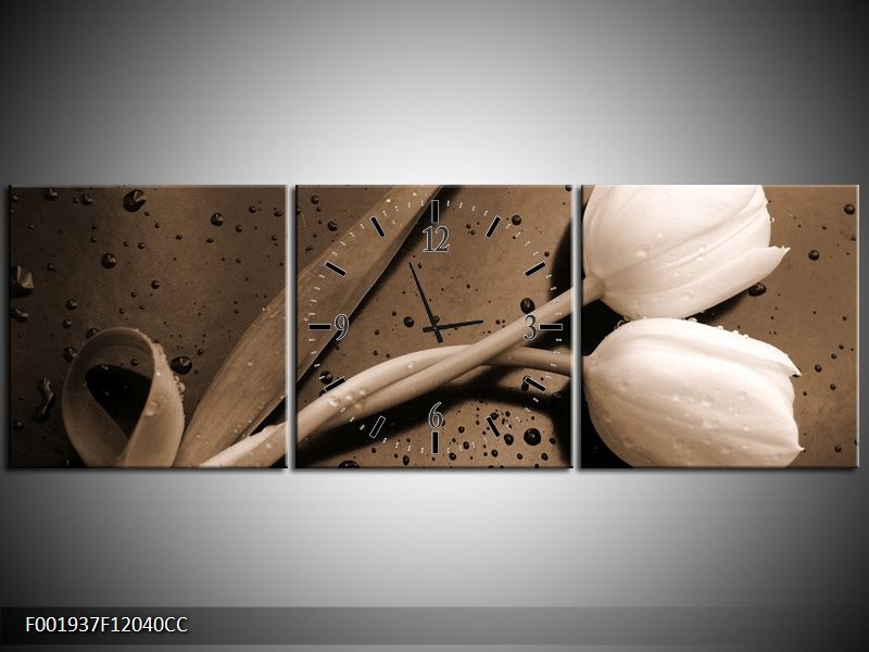 Klok schilderij Tulpen | Sepia, Bruin | 120x40cm 3Luik