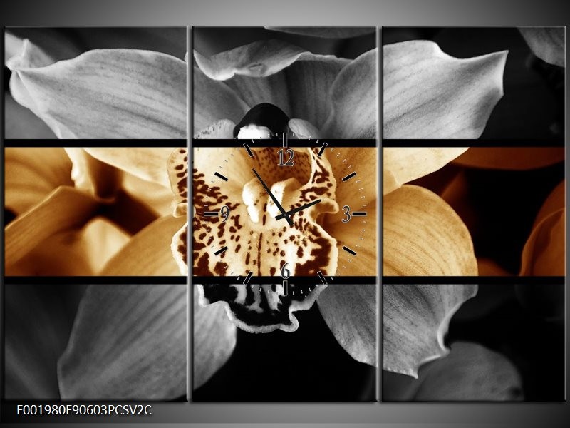 Klok schilderij Orchidee | Sepia, Bruin | 90x60cm 3Luik