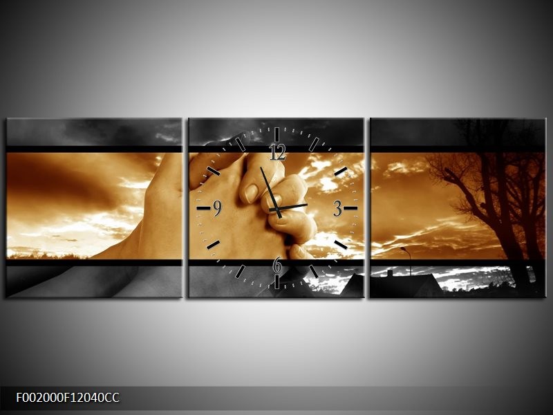 Klok schilderij Handen | Sepia, Bruin | 120x40cm 3Luik