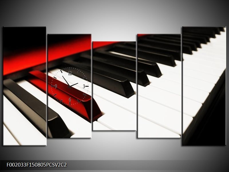 Klok schilderij Piano | Zwart, Wit, Rood | 150x80cm 5Luik