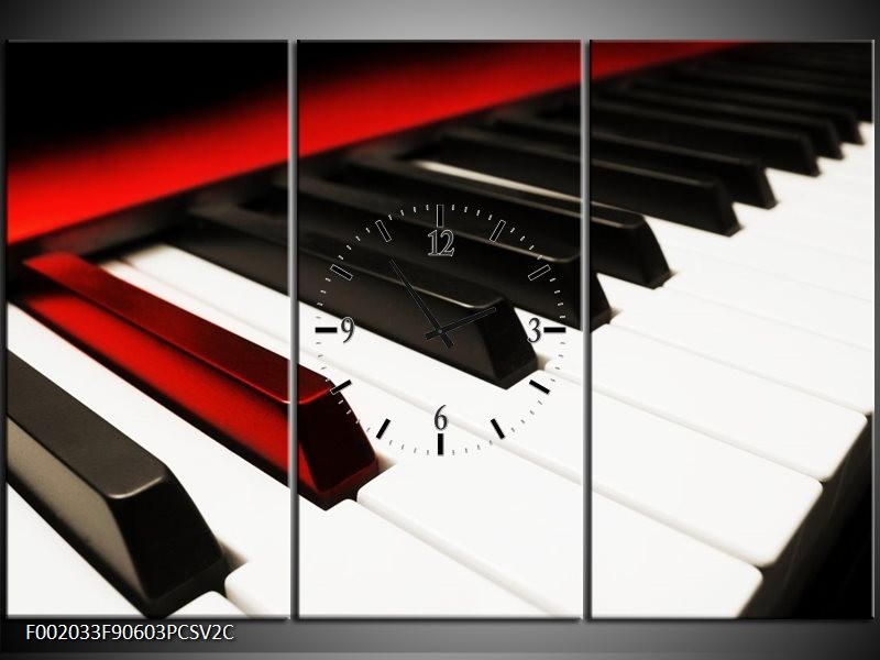 Klok schilderij Piano | Zwart, Wit, Rood | 90x60cm 3Luik