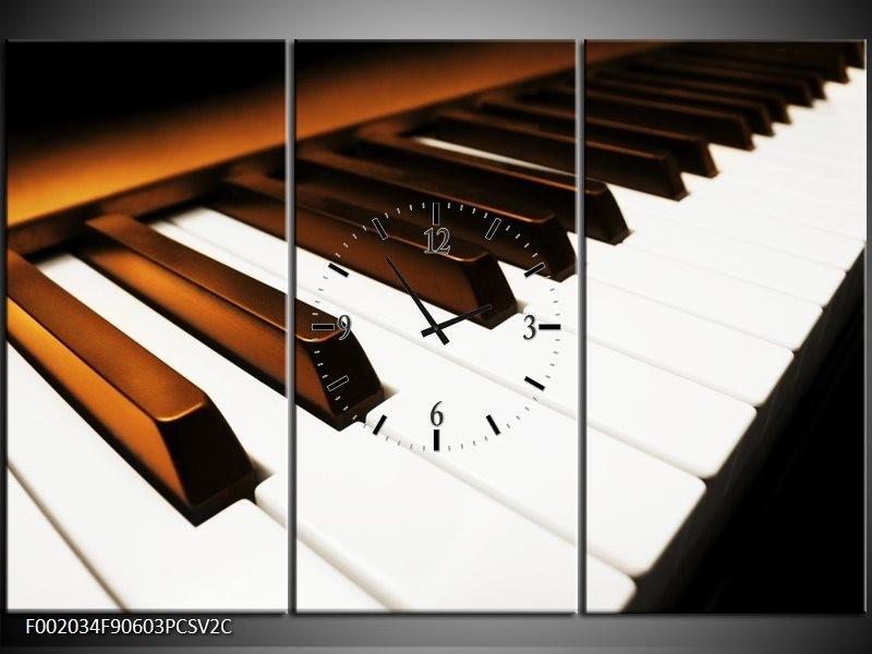 Klok schilderij Piano | Bruin, Zwart, Wit | 90x60cm 3Luik