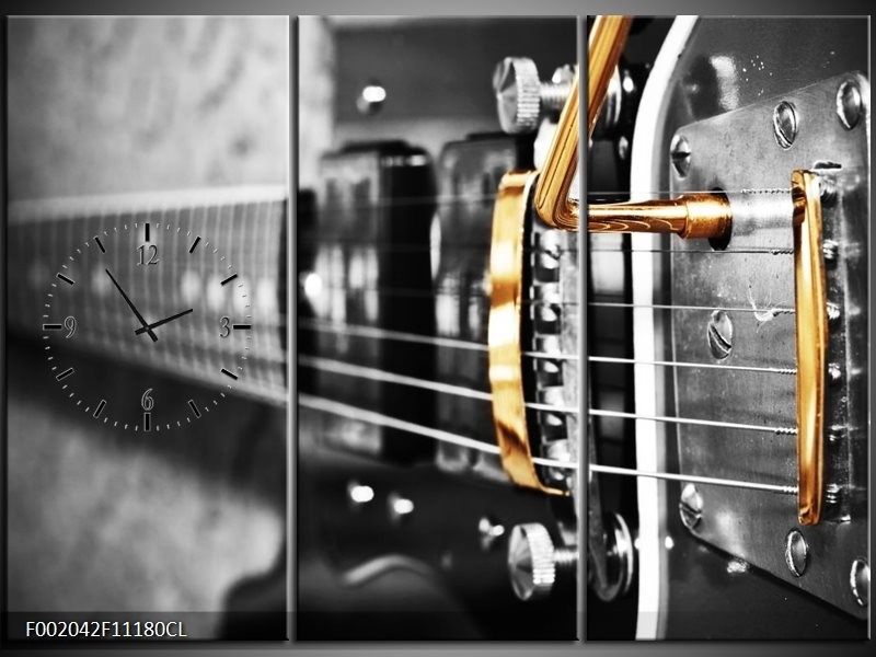 Klok schilderij Gitaar | Zwart, Grijs, Geel | 111x80cm 3Luik