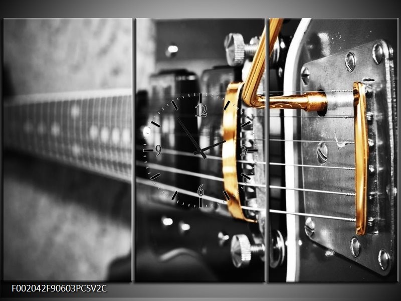 Klok schilderij Gitaar | Zwart, Grijs, Geel | 90x60cm 3Luik