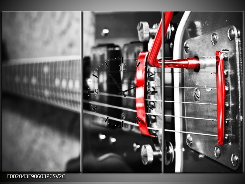 Klok schilderij Gitaar | Zwart, Grijs, Rood | 90x60cm 3Luik