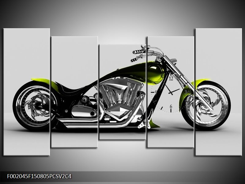 Klok schilderij Motor | Grijs, Zwart, Groen | 150x80cm 5Luik