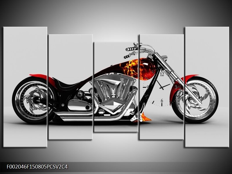 Klok schilderij Motor | Grijs, Zwart, Oranje | 150x80cm 5Luik