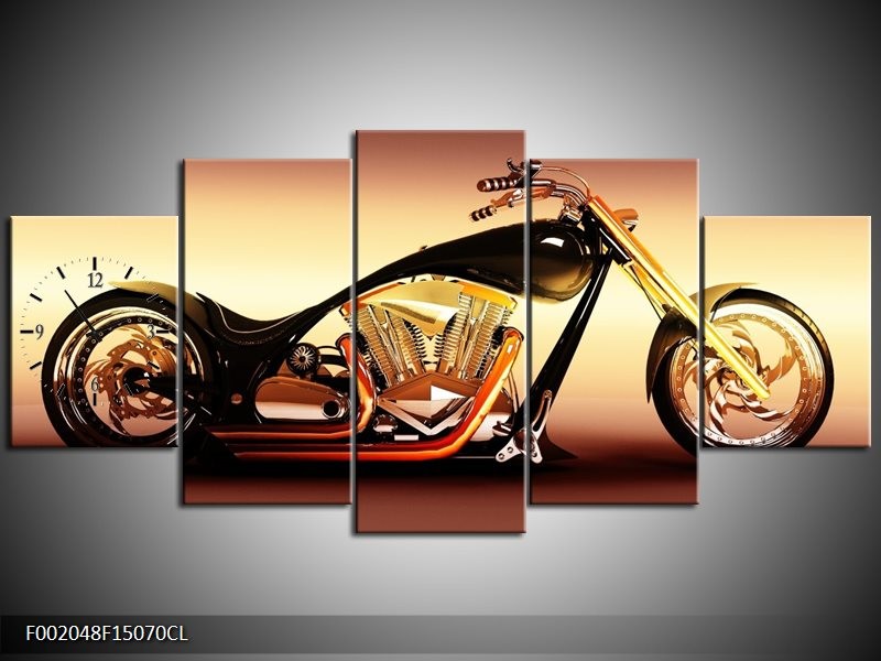 Klok schilderij Motor | Oranje, Bruin, Geel | 150x70cm 5Luik