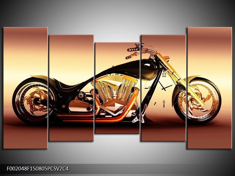 Klok schilderij Motor | Oranje, Bruin, Geel | 150x80cm 5Luik
