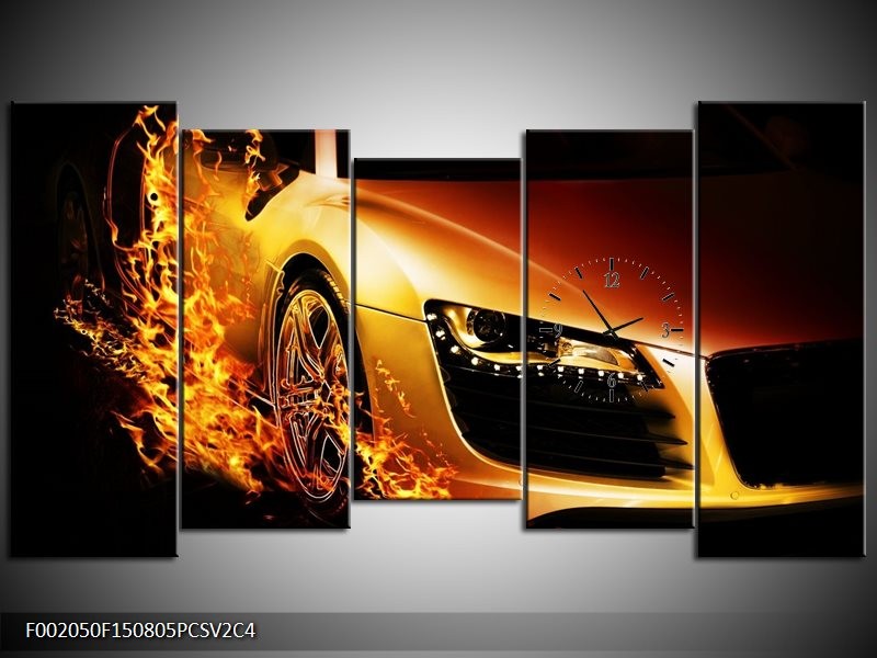 Klok schilderij Auto | Oranje, Goud, Zwart | 150x80cm 5Luik
