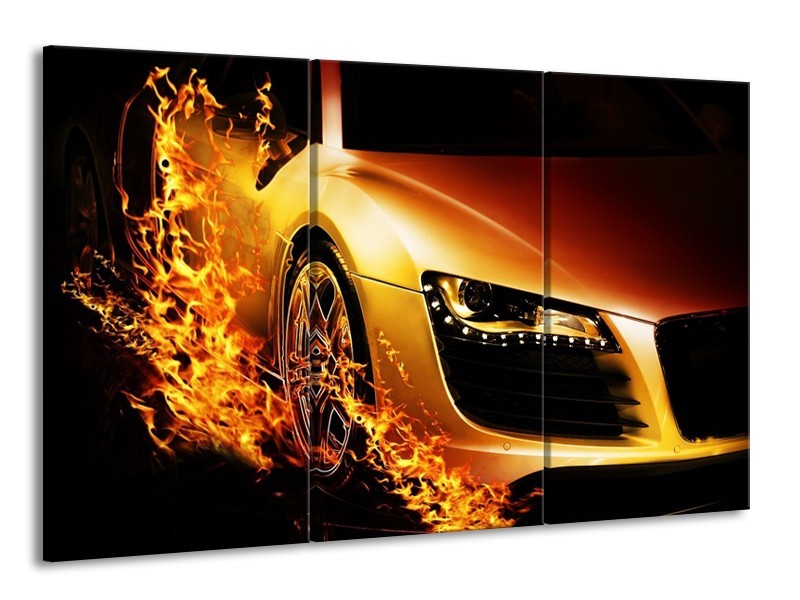 Canvas schilderij Auto | Oranje, Goud, Zwart | 165x100cm 3Luik
