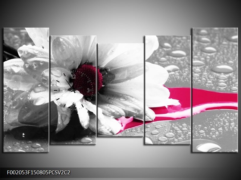 Klok schilderij Bloem | Grijs, Wit, Roze | 150x80cm 5Luik