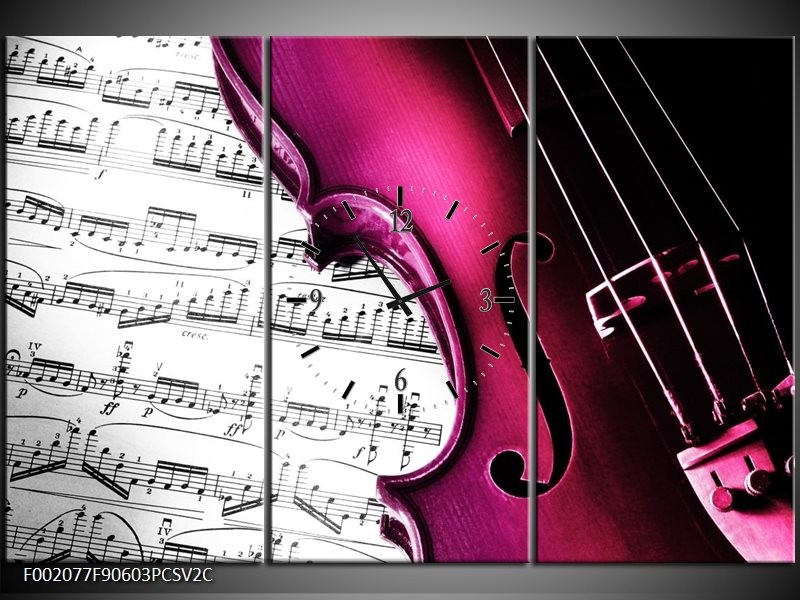 Klok schilderij Instrument | Zwart, Wit, Roze | 90x60cm 3Luik