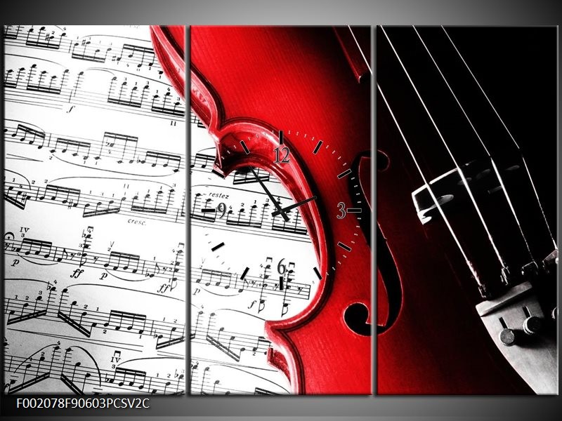 Klok schilderij Instrument | Zwart, Wit, Rood | 90x60cm 3Luik