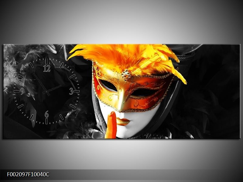Klok schilderij Masker | Zwart, Grijs, Oranje | 100x40cm 1Luik