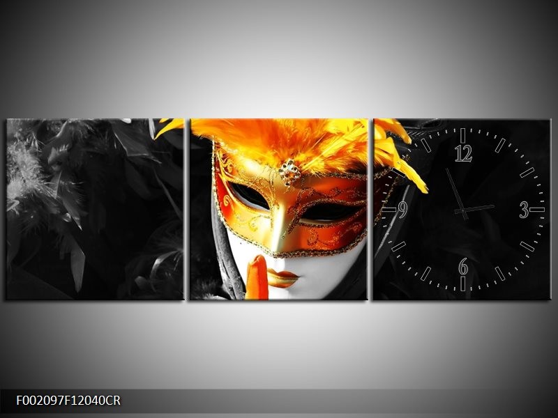 Klok schilderij Masker | Zwart, Grijs, Oranje | 120x40cm 3Luik