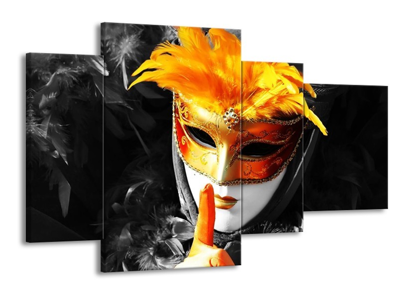 Canvas schilderij Masker | Zwart, Grijs, Oranje | 120x75cm 4Luik