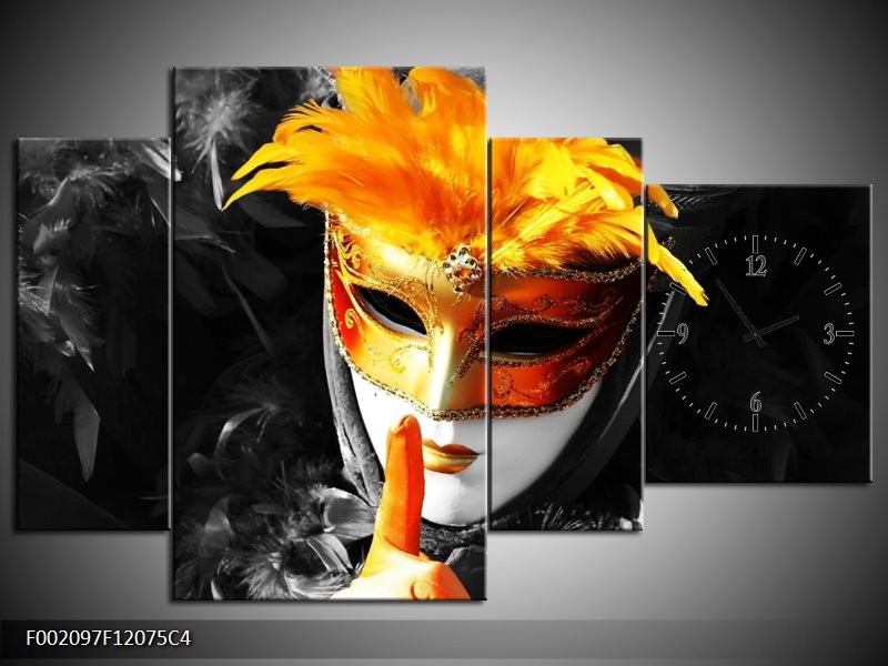 Klok schilderij Masker | Zwart, Grijs, Oranje | 120x75cm 4Luik