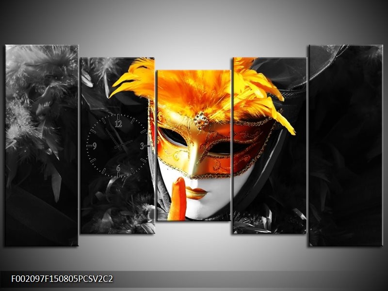 Klok schilderij Masker | Zwart, Grijs, Oranje | 150x80cm 5Luik