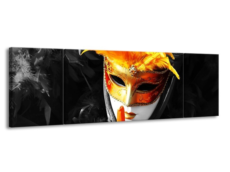 Canvas schilderij Masker | Zwart, Grijs, Oranje | 170x50cm 3Luik