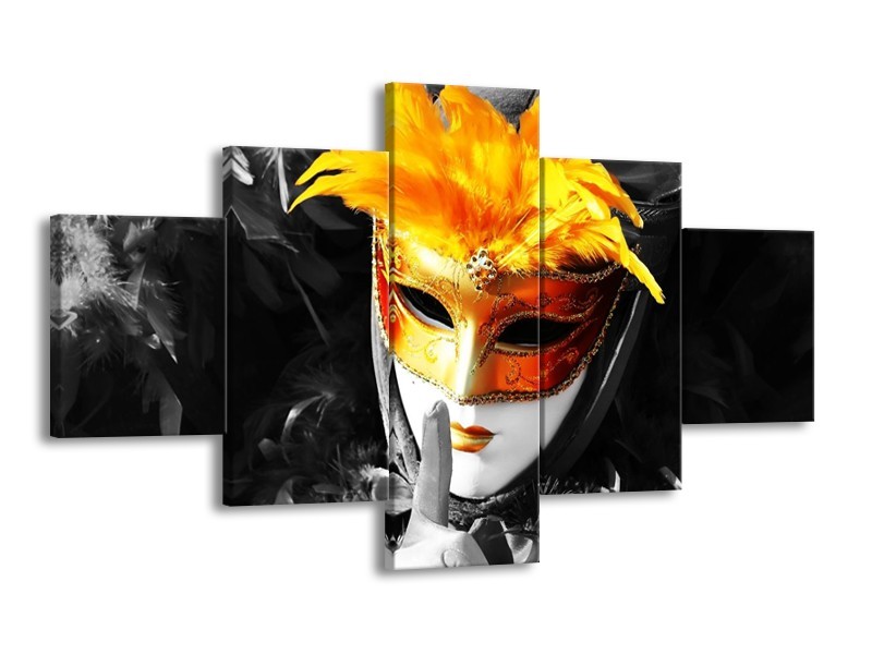 Canvas schilderij Masker | Zwart, Grijs, Oranje | 125x70cm 5Luik