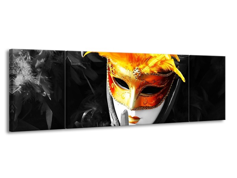 Canvas schilderij Masker | Zwart, Grijs, Oranje | 170x50cm 3Luik