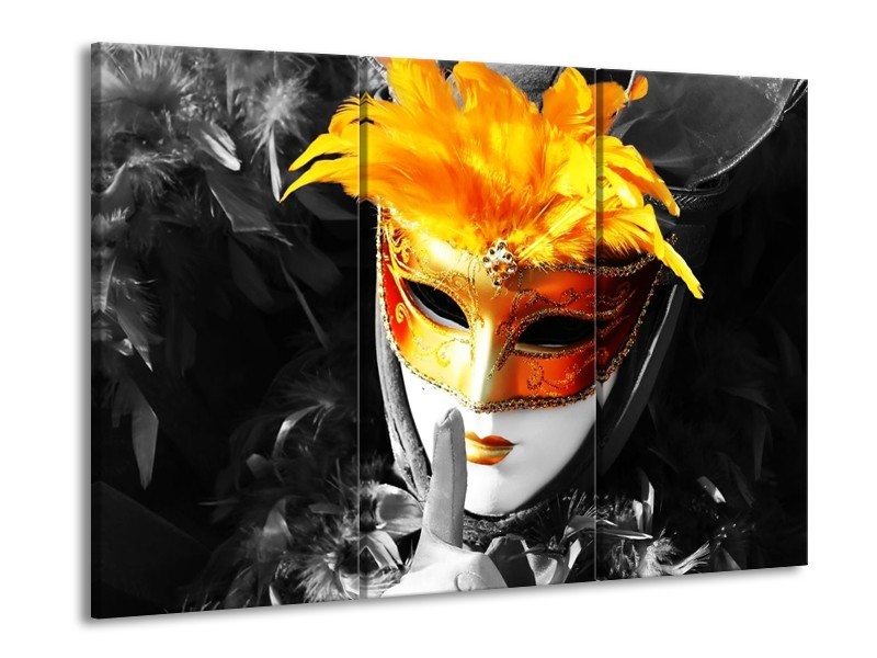 Canvas schilderij Masker | Zwart, Grijs, Oranje | 90x60cm 3Luik