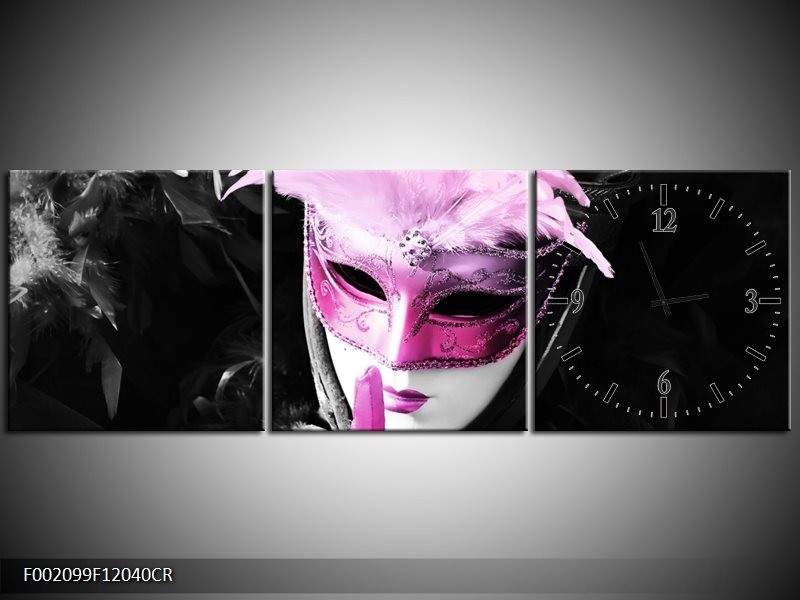 Klok schilderij Masker | Zwart, Grijs, Paars | 120x40cm 3Luik
