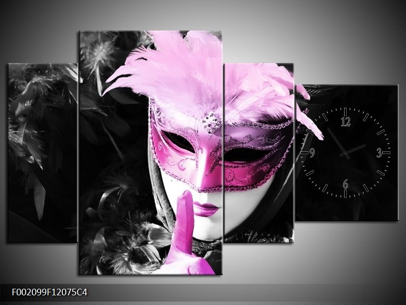 Klok schilderij Masker | Zwart, Grijs, Paars | 120x75cm 4Luik