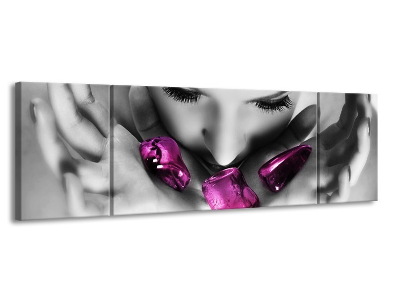 Canvas schilderij Gezicht | Zwart, Grijs, Paars | 170x50cm 3Luik