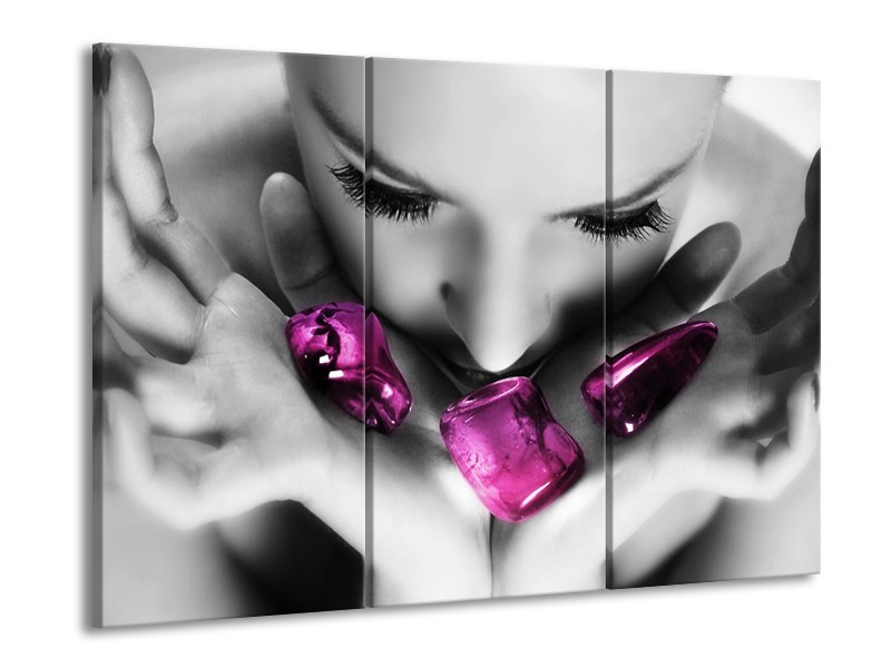 Canvas schilderij Gezicht | Zwart, Grijs, Paars | 90x60cm 3Luik