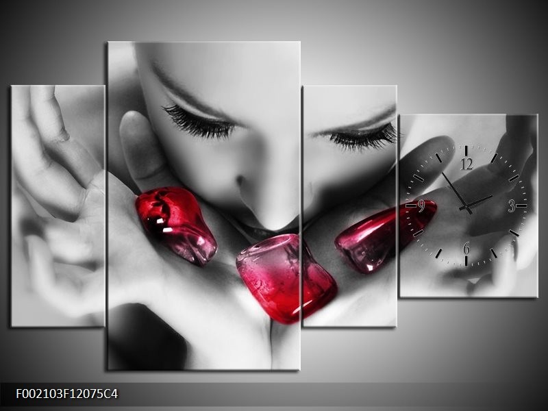 Klok schilderij Gezicht | Zwart, Grijs, Rood | 120x75cm 4Luik