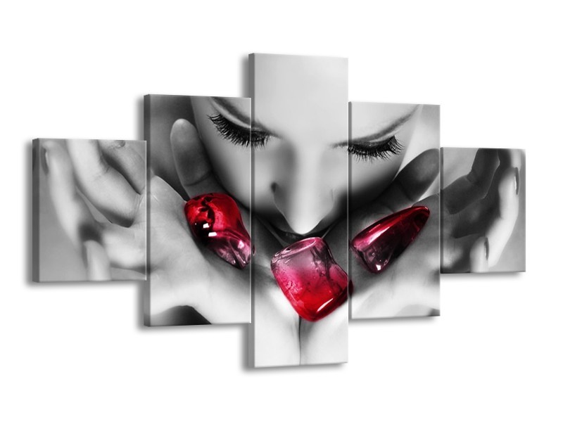 Canvas schilderij Gezicht | Zwart, Grijs, Rood | 125x70cm 5Luik