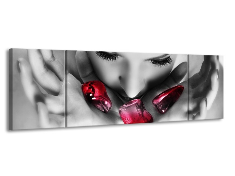 Canvas schilderij Gezicht | Zwart, Grijs, Rood | 170x50cm 3Luik