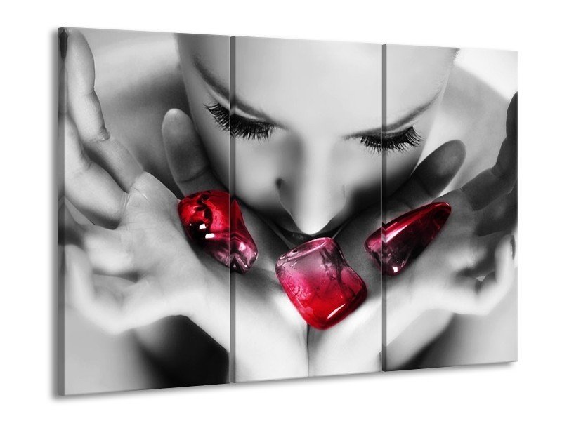 Canvas schilderij Gezicht | Zwart, Grijs, Rood | 90x60cm 3Luik