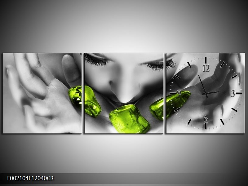 Klok schilderij Gezicht | Zwart, Grijs, Groen | 120x40cm 3Luik