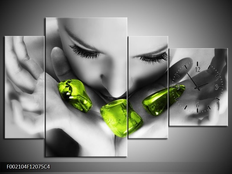 Klok schilderij Gezicht | Zwart, Grijs, Groen | 120x75cm 4Luik