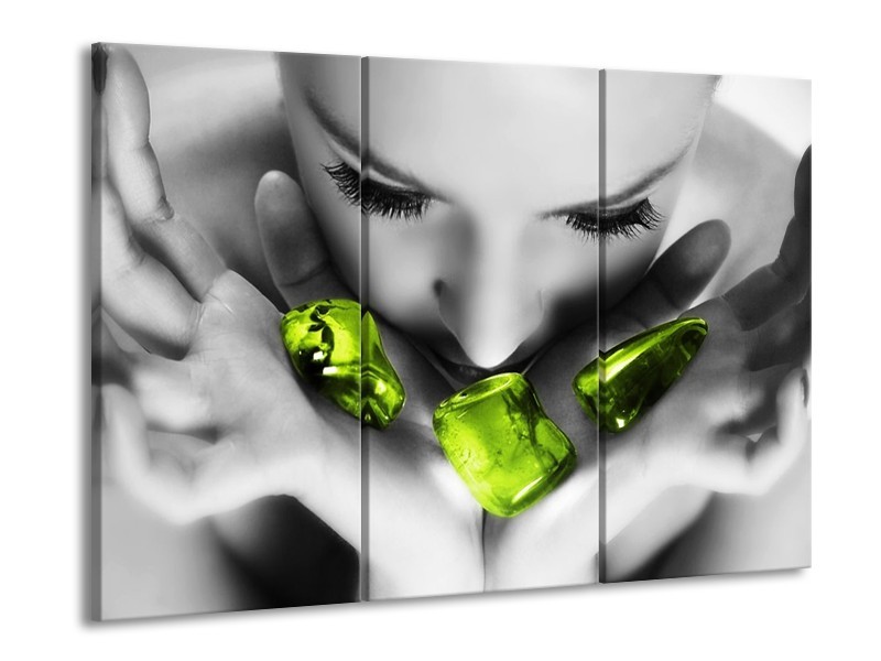 Canvas schilderij Gezicht | Zwart, Grijs, Groen | 90x60cm 3Luik