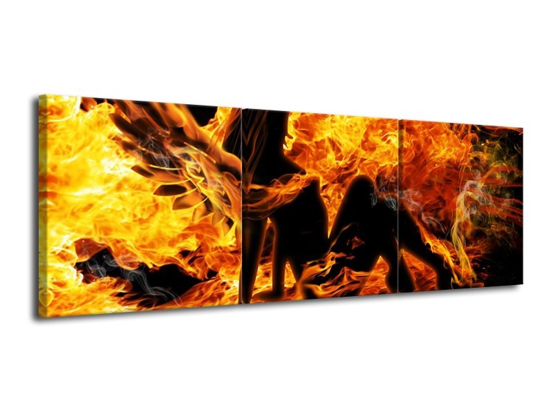 Canvas schilderij Vrouw | Zwart, Oranje, Geel | 120x40cm 3Luik