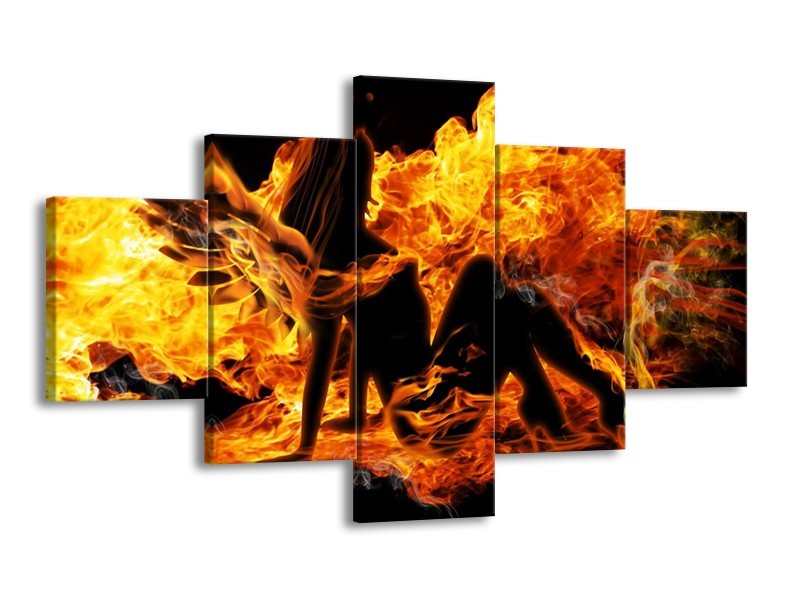 Canvas schilderij Vrouw | Zwart, Oranje, Geel | 125x70cm 5Luik