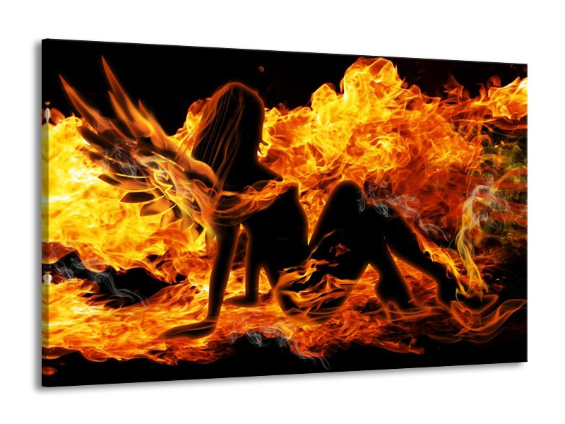 Canvas schilderij Vrouw | Zwart, Oranje, Geel | 140x90cm 1Luik