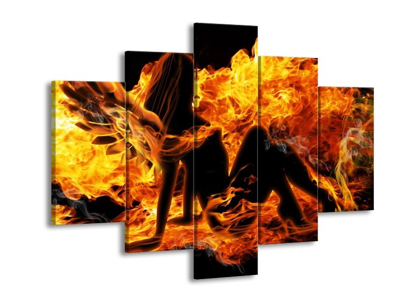 Canvas schilderij Vrouw | Zwart, Oranje, Geel | 150x105cm 5Luik
