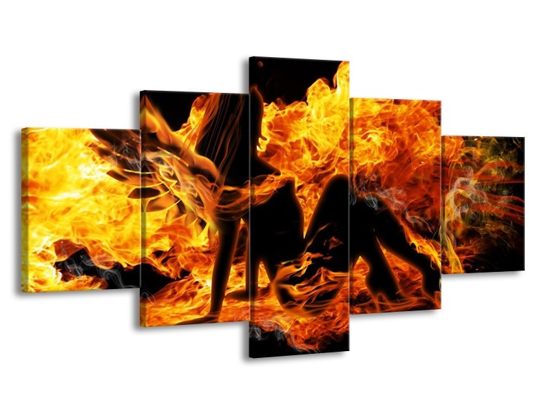 Canvas schilderij Vrouw | Zwart, Oranje, Geel | 150x80cm 5Luik