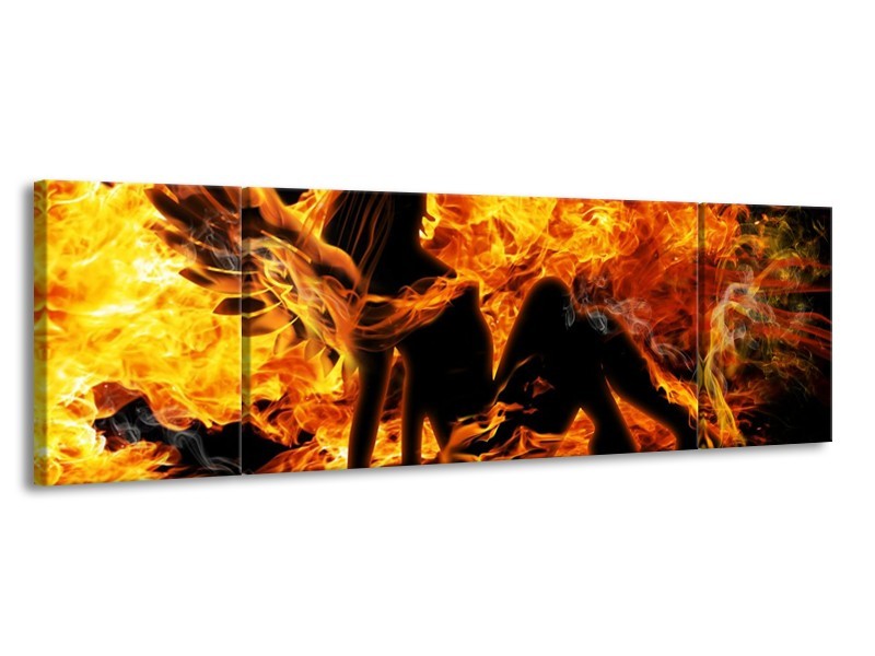 Canvas schilderij Vrouw | Zwart, Oranje, Geel | 170x50cm 3Luik