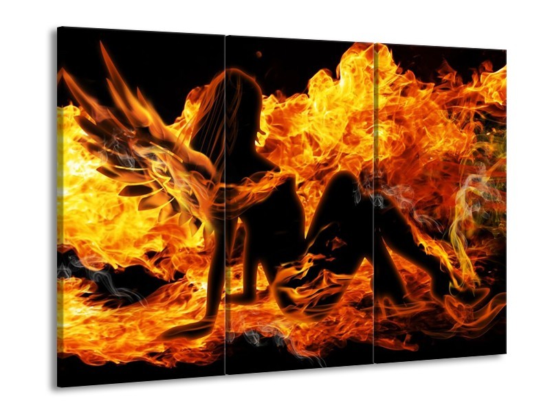 Canvas schilderij Vrouw | Zwart, Oranje, Geel | 90x60cm 3Luik