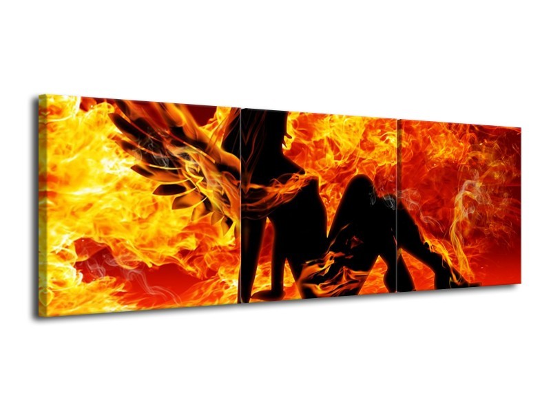 Canvas schilderij Vrouw | Zwart, Oranje, Geel | 120x40cm 3Luik