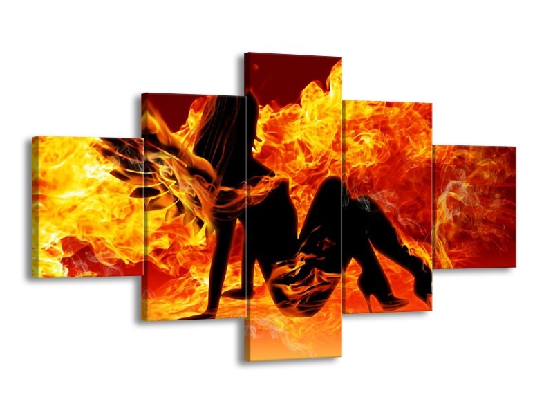 Canvas schilderij Vrouw | Zwart, Oranje, Geel | 125x70cm 5Luik