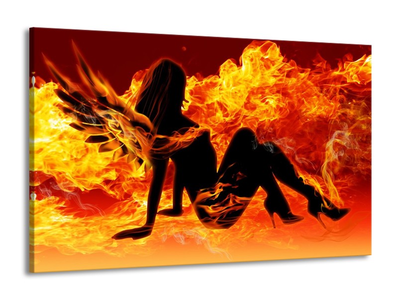 Canvas schilderij Vrouw | Zwart, Oranje, Geel | 140x90cm 1Luik