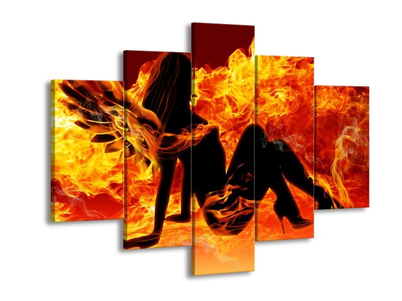 Canvas schilderij Vrouw | Zwart, Oranje, Geel | 150x105cm 5Luik