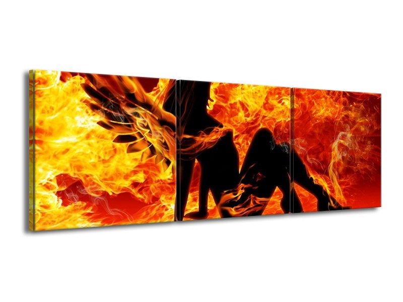 Canvas schilderij Vrouw | Zwart, Oranje, Geel | 150x50cm 3Luik